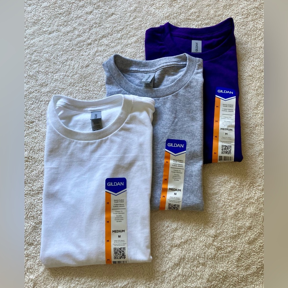 Gildan NWT 3 Heavy Cotton Short Sleeve Youth Tees White Gray & Black Size M